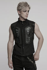 Black Stand Collar Armour Stitching Men's Punk Vest - Black - 1