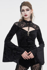 Black Lace Cutout Round Collar Flared Sleeved Floral Embossed Women's Gothic Shirt - Black - 1