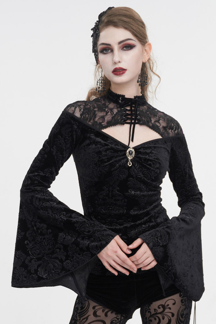 Black Lace Cutout Round Collar Flared Sleeved Floral Embossed Women's Gothic Shirt - Black - 1