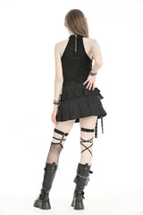 Black Women's Punk Buckled Eyelet Multi-Pockets Pleated Mini Skirt - Product - 4