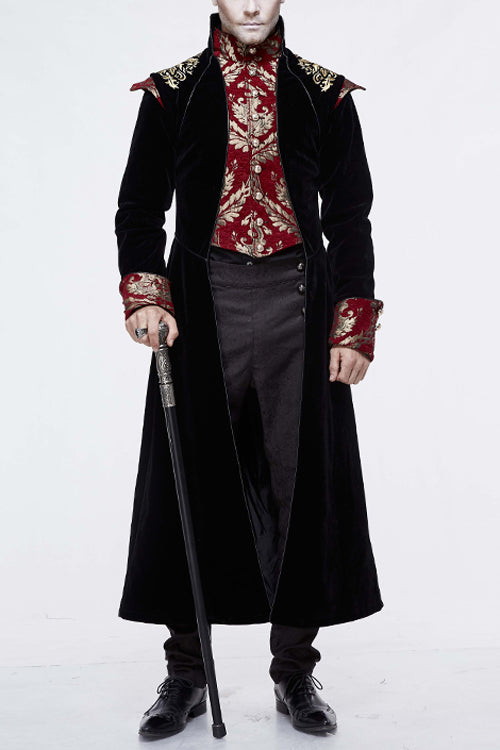 Gothic Jacquard Stand Collar Embroidery Mens Long Coat - Black/Red - 1