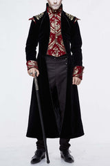 Gothic Jacquard Stand Collar Embroidery Mens Long Coat - Black/Red - 1