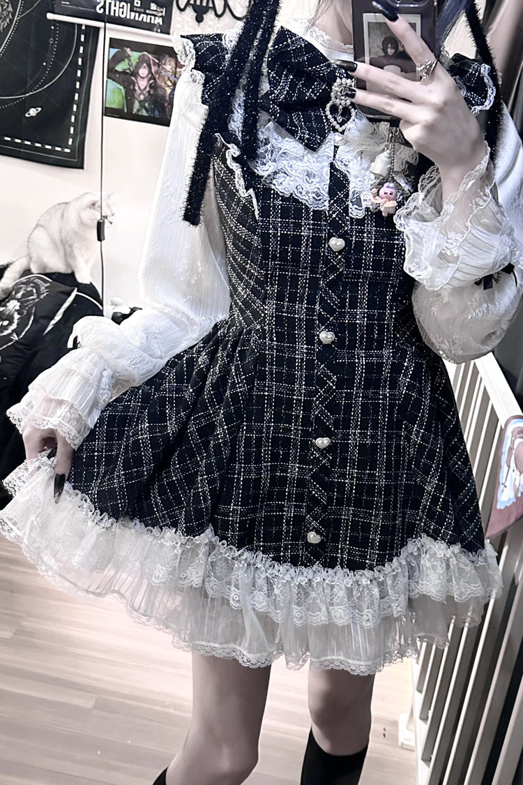 Black [Lunar Eclipse Doll] Long Sleeves Plaid Printed Ruffled Bow Lace Sweet Jirai Kei Japanese Dress Shorts Set - Product - 12