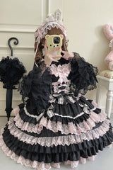 Black/Pink Multi-Layered Ruffle Bowknot Stitching Lace Sweet Lolita Jsk Dress - Product - 5