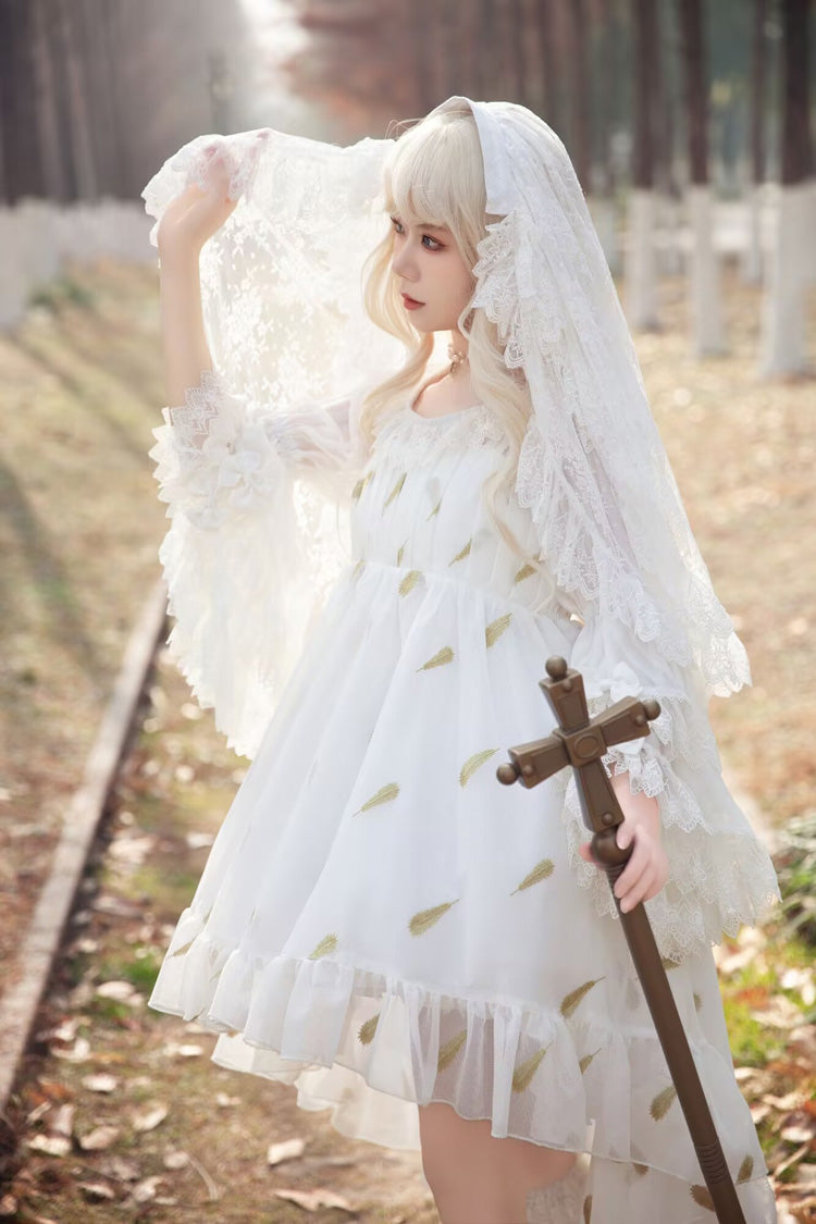 [Feather Snowflake Embroidery] Print Sleeveless Ruffle Bowknot Sweet Lolita Jsk Dress 3 Colors - Product - 6
