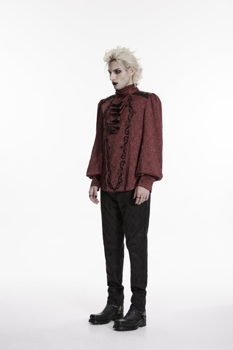 Red Stand Collar Long Lantern Sleeves Jacquard Embroidered  Men's Gothic Palace Shirt with Detachable Tie - Product - 3