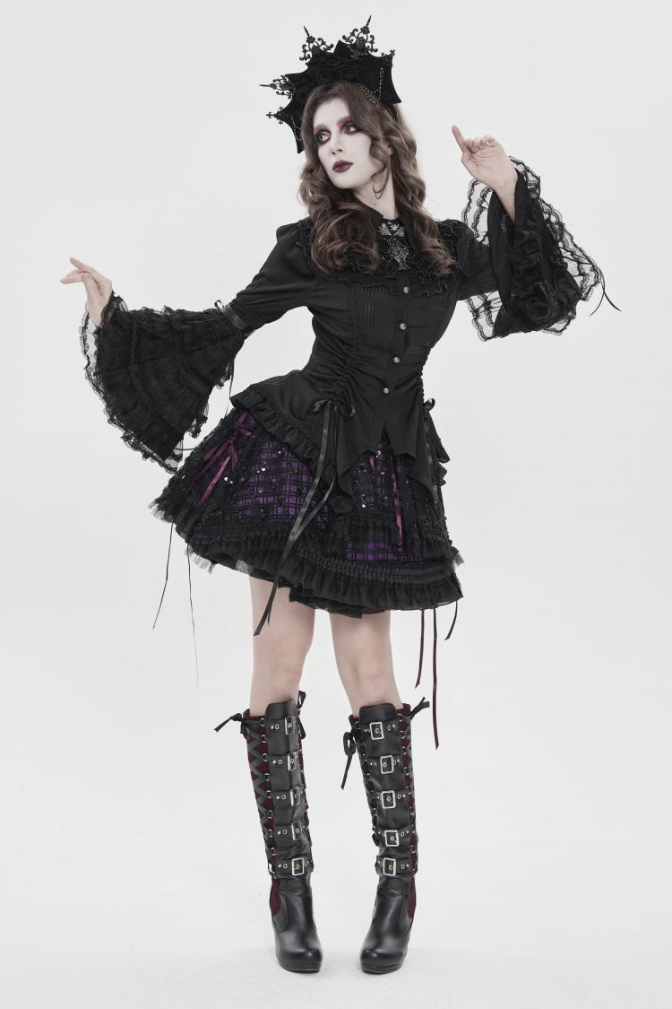 Black/Purple Multi-Layered Lace Lace-Up Women's Gothic Skirt - Product - 3