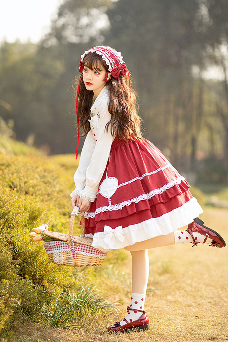 Wine Red Lace Stitching High Waisted Bowknot Ruffled Sweet Lolita Jsk Dress - Product - 3