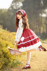 Wine Red Lace Stitching High Waisted Bowknot Ruffled Sweet Lolita Jsk Dress - Product - 3