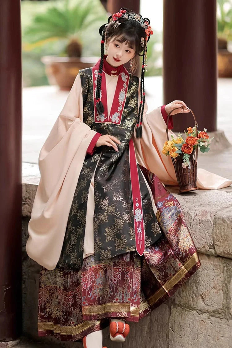 Black/Red Round Collar High Waisted Hot Stamping Embroidery Chinese Style Hanfu Dress Three Piece - Product - 5