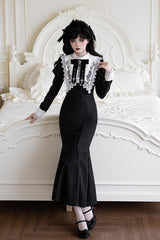 Black/White [Rose Doll] Square Collar Long Sleeves Bowknot Lace-Up Gothic Lolita Dress Set 2 Versions - Product - 17