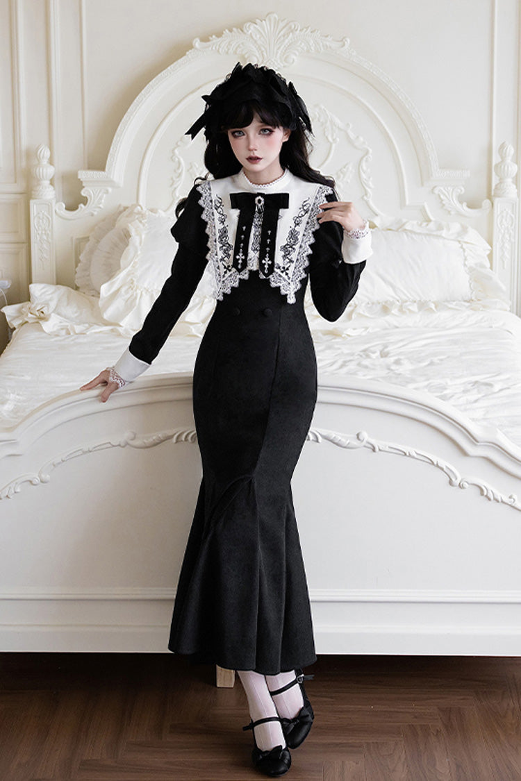 Black/White [Rose Doll] Square Collar Long Sleeves Bowknot Lace-Up Gothic Lolita Dress Set 2 Versions - Product - 17