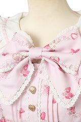 Pink [Creamy Berry] Print Short Puff Sleeves Ruffle Bowknot Lace-Up Sweet Jirai Kei Japanese Dress - Product - 6