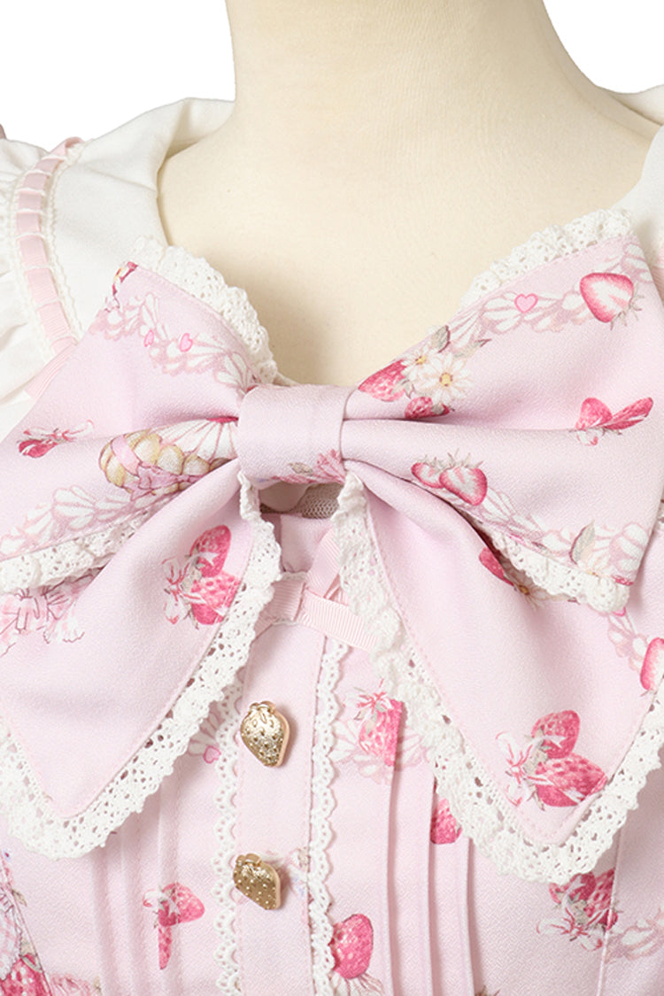 Pink [Creamy Berry] Print Short Puff Sleeves Ruffle Bowknot Lace-Up Sweet Jirai Kei Japanese Dress - Product - 6