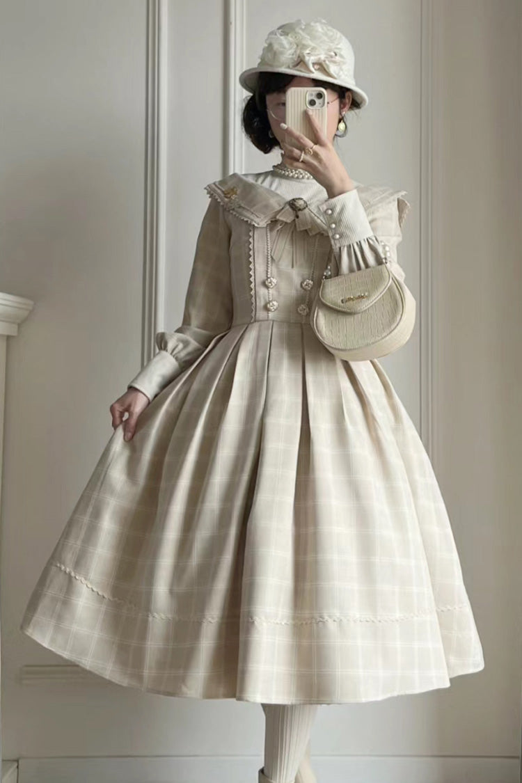 Apricot [Fontainebleau] Long Sleeves Plaid Print Bowknot Elegant Sweet Lolita Dress - Product - 3
