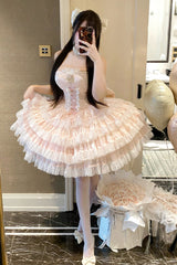Pink [Heartbeat at First Sight] Off Shoulder Sleeveless Multi-Layered Ruffle Bowknot Lace Lace-Up Sweet Princess Gorgeous Lolita Dress - Product - 9