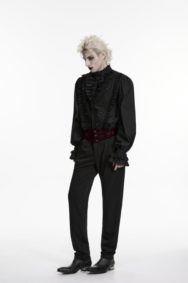 Black Embroidered Spliced Slim Men's Gothic Pants - Product - 2