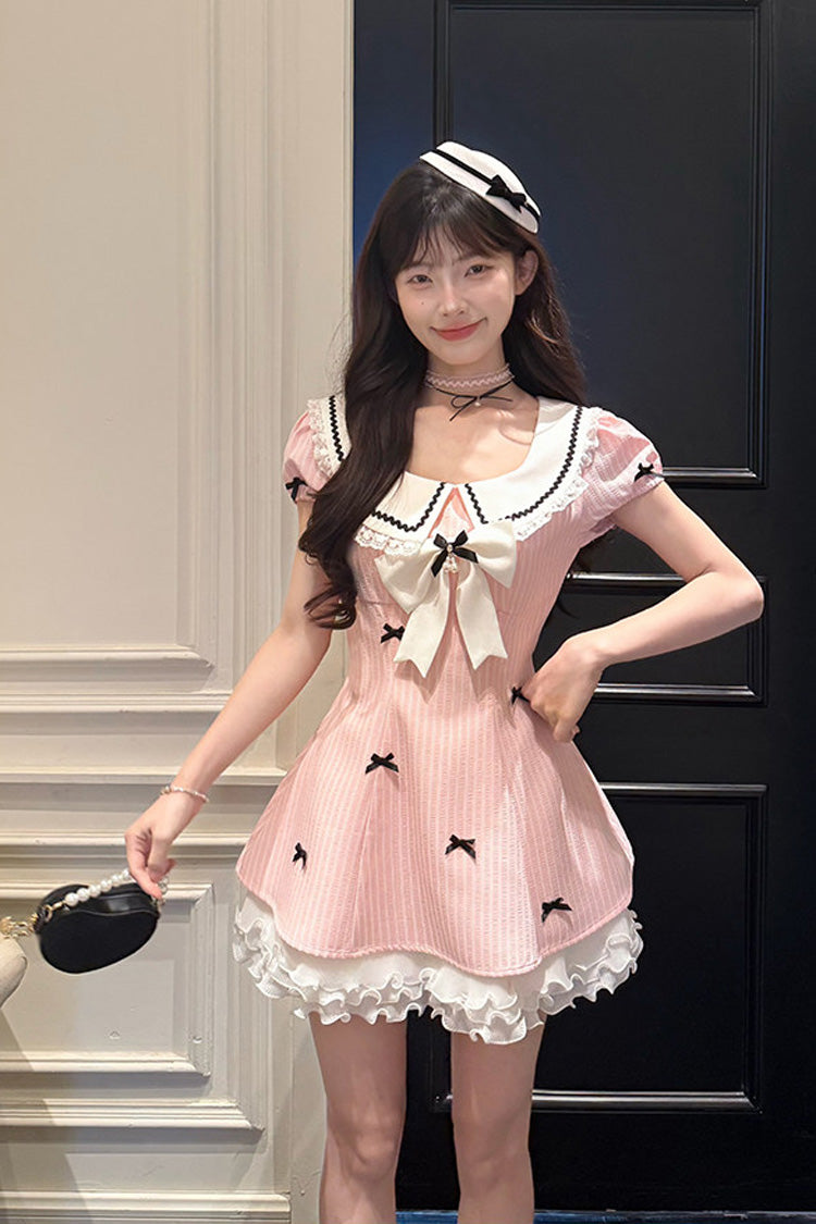 Pink [Peach Dream] Doll Collar Short Puff Sleeves Vertical Stripe Printed Ruffled Bow College Style Sweet Lolita Dress - Product - 5