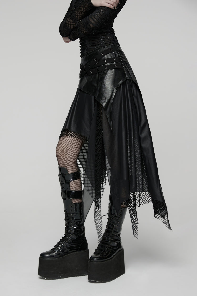 Black Double-Layered Irregular Eyelet Women's Punk rregular Wasteland Skirt - Product - 8
