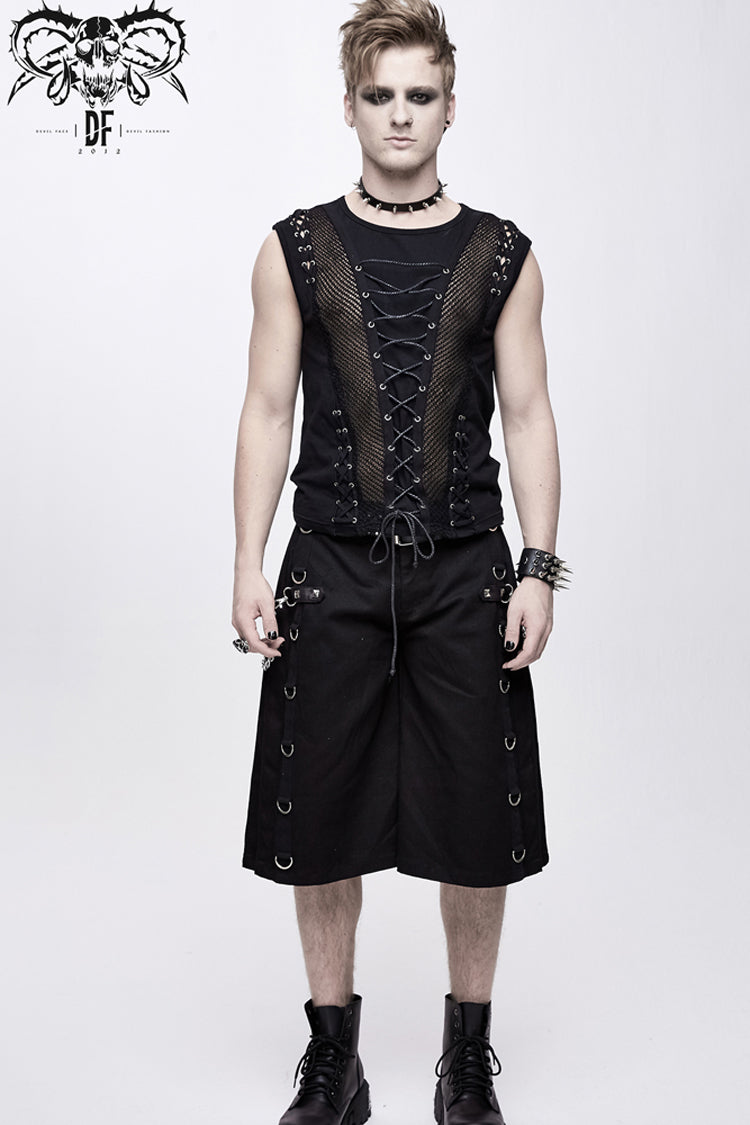 Black Chest Lace Up Splice Coarse Grain Men's Punk Vest - Product - 2