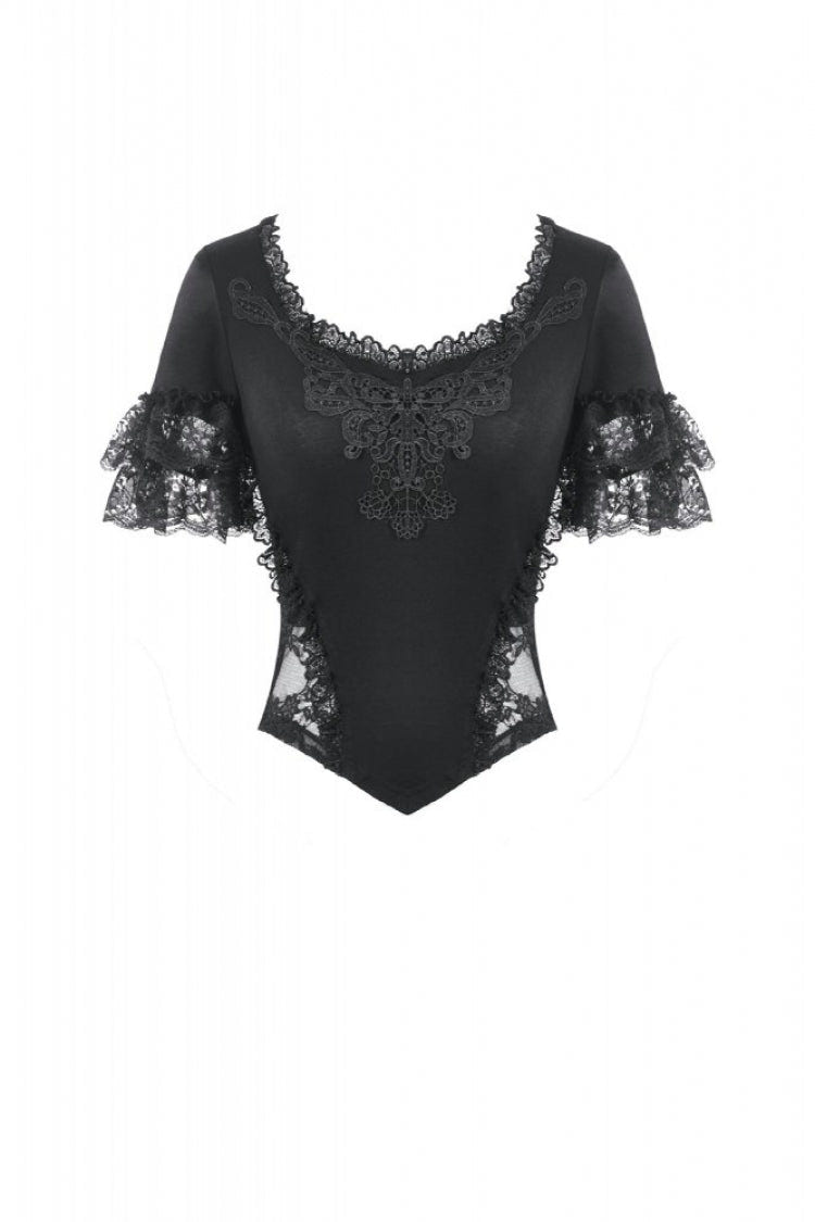Black Women's Gothic Square Collar Double-Layered Lace Short Sleeves Embroidered Slim Fit Top - Product - 3