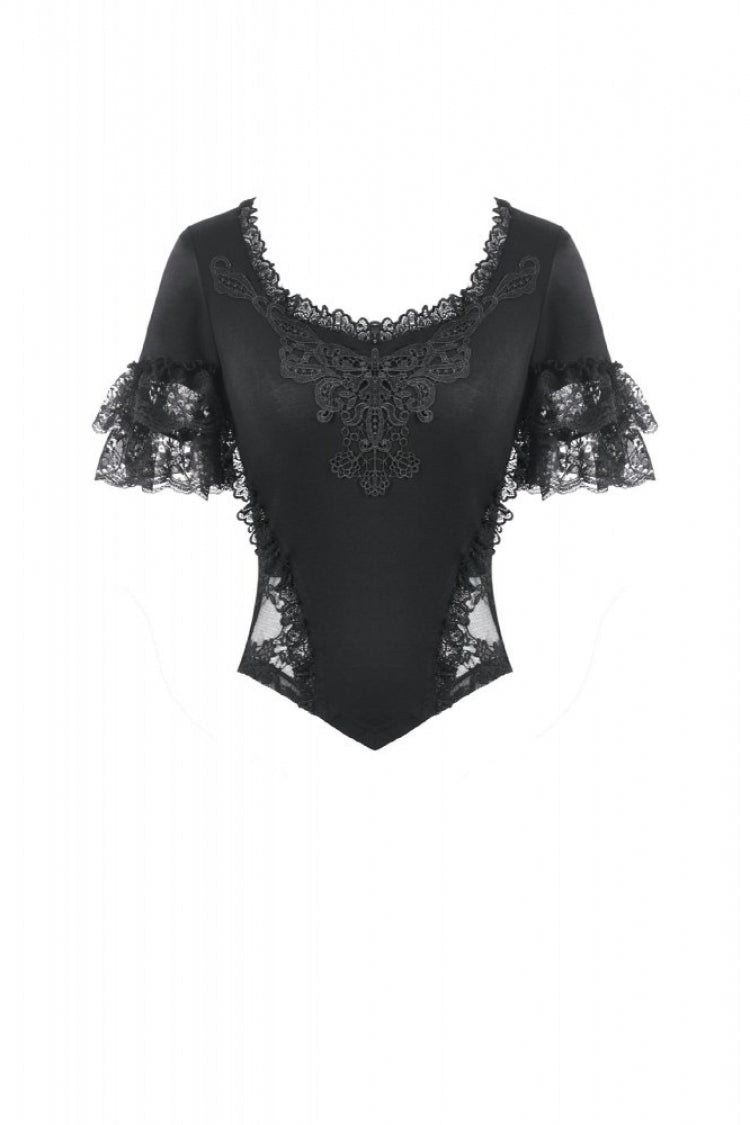Black Women's Gothic Square Collar Double-Layered Lace Short Sleeves Embroidered Slim Fit Top - Product - 3