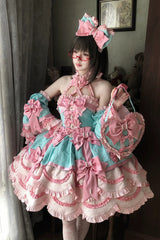 Pink/Green [Sweetheart Petals] Halterneck Sleeveless Multi-Layered Jacquard Ruffled Bow Pearl Detail Sweet Lolita Jsk Dress - Product - 7