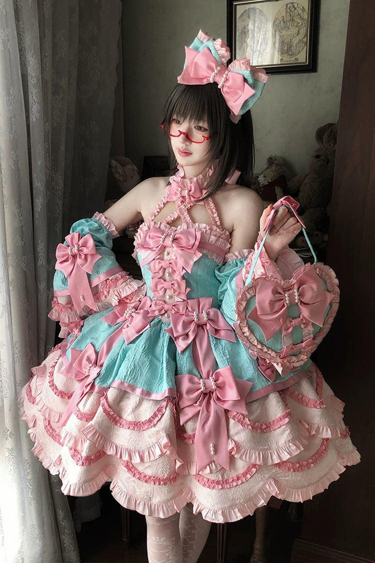 Pink/Green [Sweetheart Petals] Halterneck Sleeveless Multi-Layered Jacquard Ruffled Bow Pearl Detail Sweet Lolita Jsk Dress - Product - 7