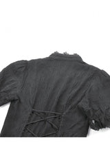 Black Stand Collar Short Puff Sleeves Sheer Lace Lace-Up Women's Gothic Blouse with Detachable Bowknot - Product - 18