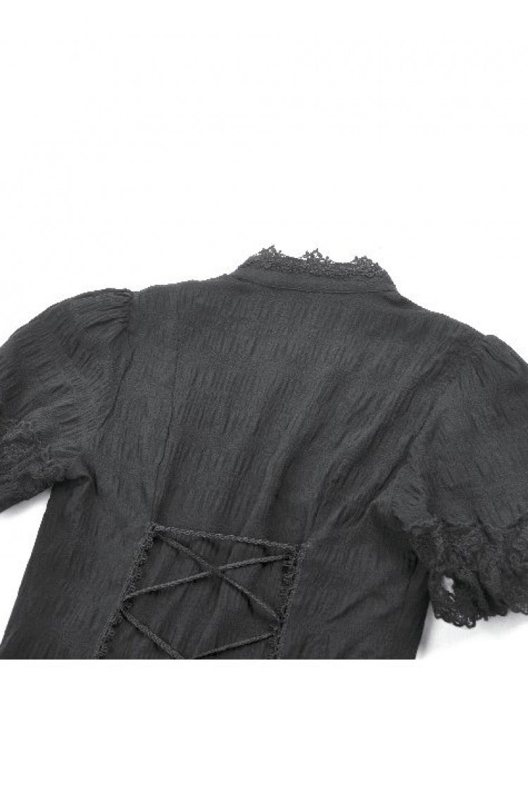 Black Stand Collar Short Puff Sleeves Sheer Lace Lace-Up Women's Gothic Blouse with Detachable Bowknot - Product - 18