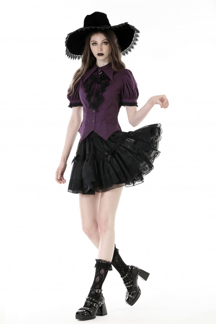 Purple Moon Frilly Collar Short Puff Sleeves Women's Gothic Blouse - Product - 8