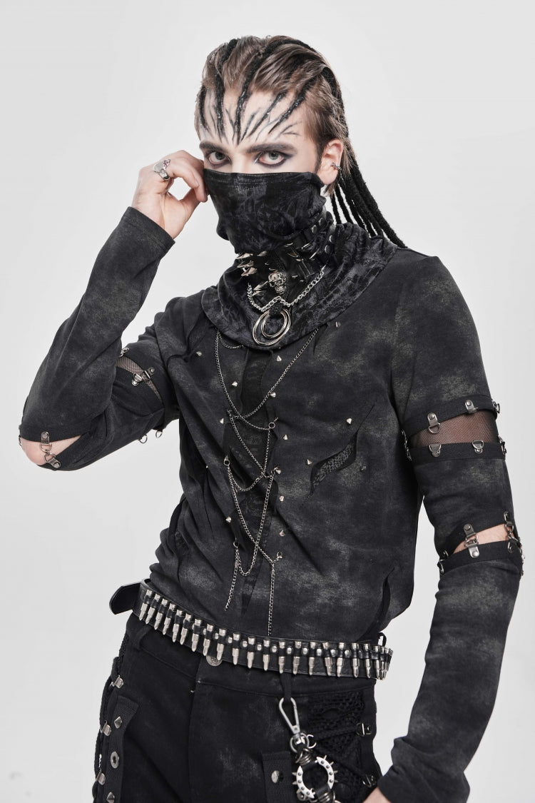 Black Long Sleeves Cutout Rivets Chain Men's Punk Blouse - Product - 3