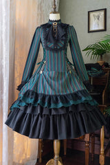 Point Manor Stand Collar Long Sleeves Multi-layer Striped Print Ruffle Gothic Lolita Dress 4 Colors - Product - 14