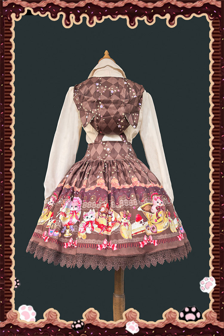 [Cream Meow] Sleeveless Print Bowknot Hooded Sweet Lolita Strap Dress 3 Colors - Product - 9