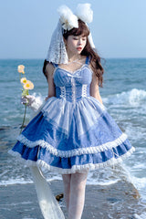 Blue Landing Drawstring Pull Up Hem Elegant Sweet Lolita Dress - Product - 6