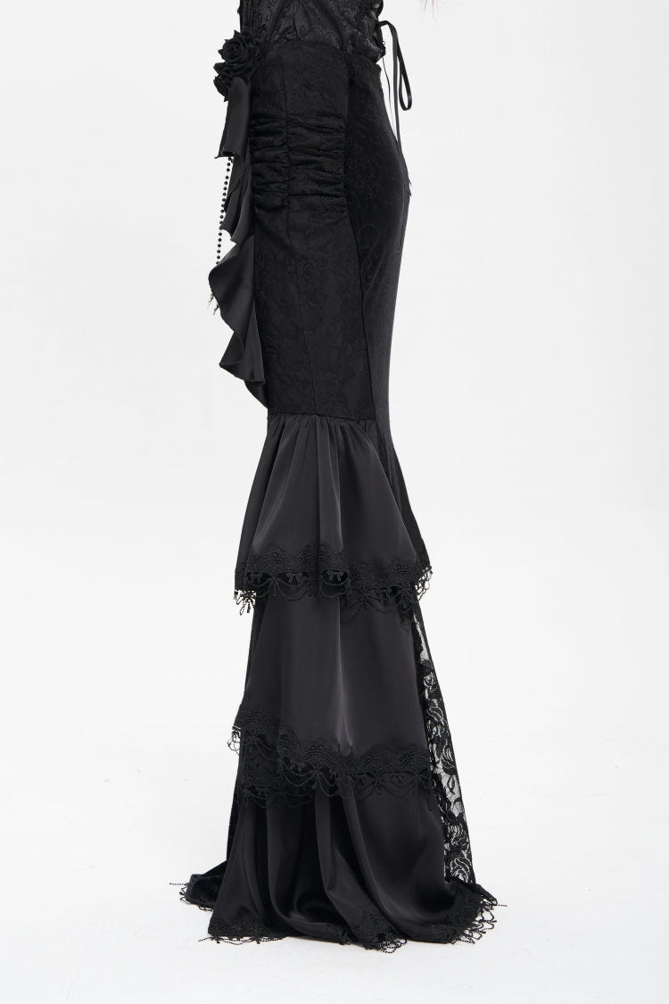 Black Floral Print Lace-Up Rose Chain Women's Gothic Fishtail Skirt - Product - 2