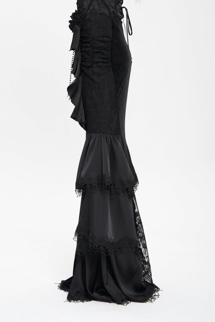 Black Floral Print Lace-Up Rose Chain Women's Gothic Fishtail Skirt - Product - 2