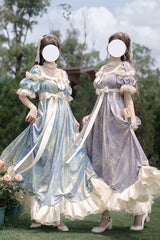 Blue [Oil Painting Sun and Moon Poem] Short Sleeves Print Ruffle Bowknot Sweet Princess Lolita Dress - Product - 3