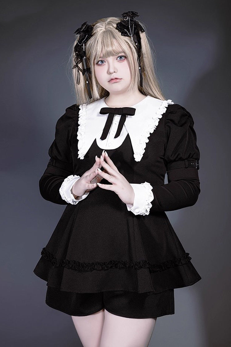 Black/White Long Sleeves Ruffle Bowknot Jirai Kei Japanese Witch Set - Black/White - 1