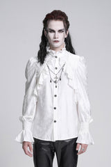 White Stand Collar Long Sleeves Ruffle Lace Cross Men's Gothic Blouse - White - 1