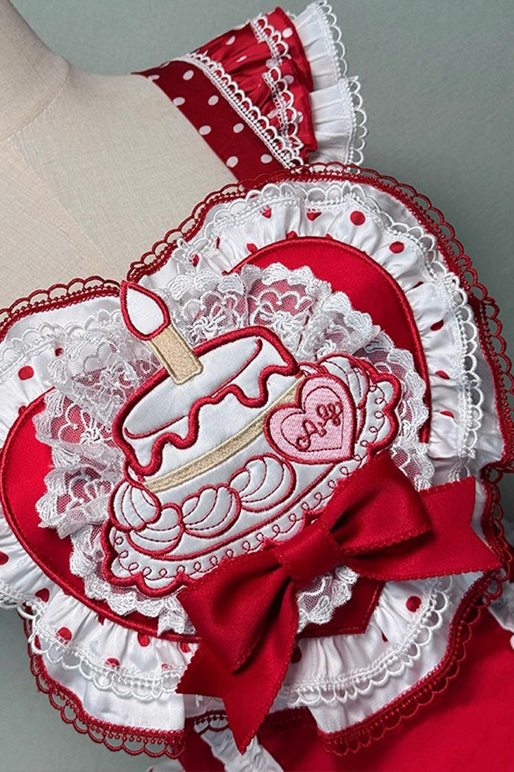 Red/White [Twin Bears] Birthday Cake Sleeveless Print Ruffle Bowknot Lace Sweet Lolita Big Flower Bud Dress - Product - 7