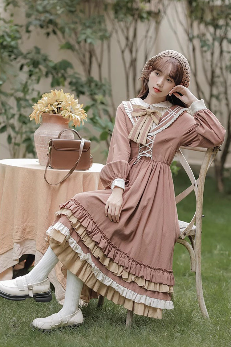 Brown Long Sleeves Multi-layer Ruffle Two Fake Pieces Sweet (Dress Only) detail view 5