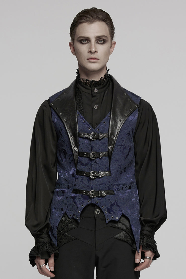 Black/Blue Lapel V-neck Sleeveless Jacquard Buckle Men's Gothic Vest - Black/Blue - 1
