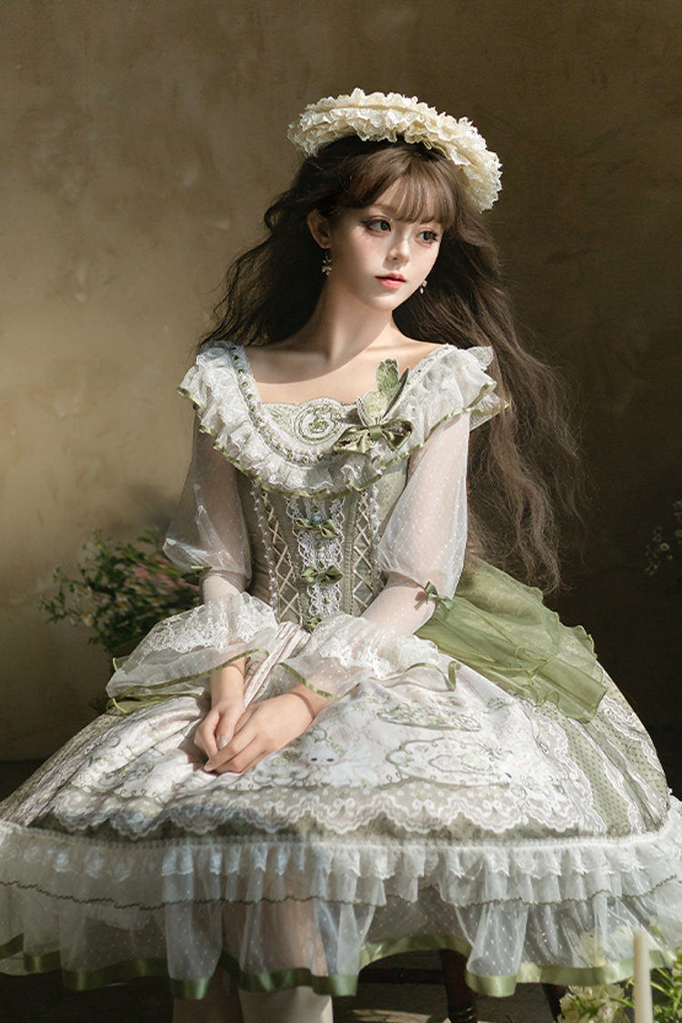 Green [Teacup Rabbit Little Fresh] Print Ruffle Bowknot Lace Lace-Up Sweet Lolita OP Dress - Product - 11