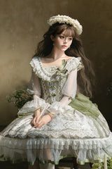 Green [Teacup Rabbit Little Fresh] Print Ruffle Bowknot Lace Lace-Up Sweet Lolita OP Dress - Product - 11