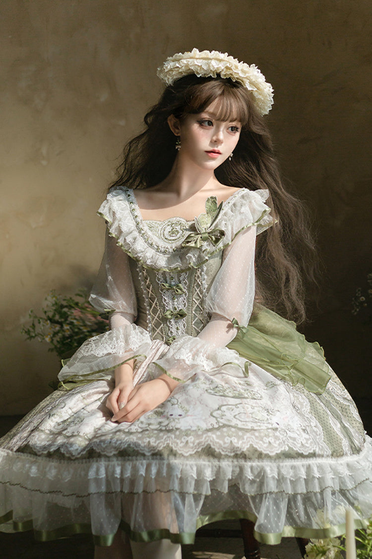 Green [Teacup Rabbit Little Fresh] Print Ruffle Bowknot Lace Lace-Up Sweet Lolita OP Dress - Product - 11