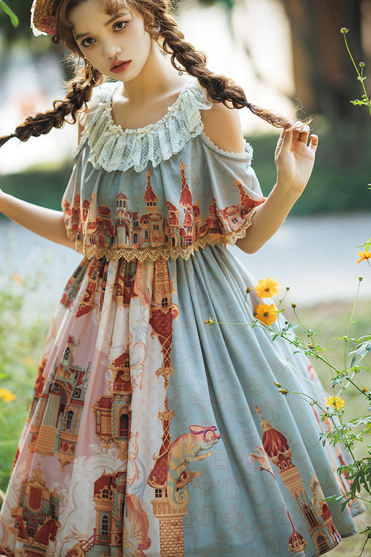 Multi-Color European Architectural Oil Painting Print Off Shoulder Short Sleeves Bowknot Sweet Lolita Dress - Product - 3