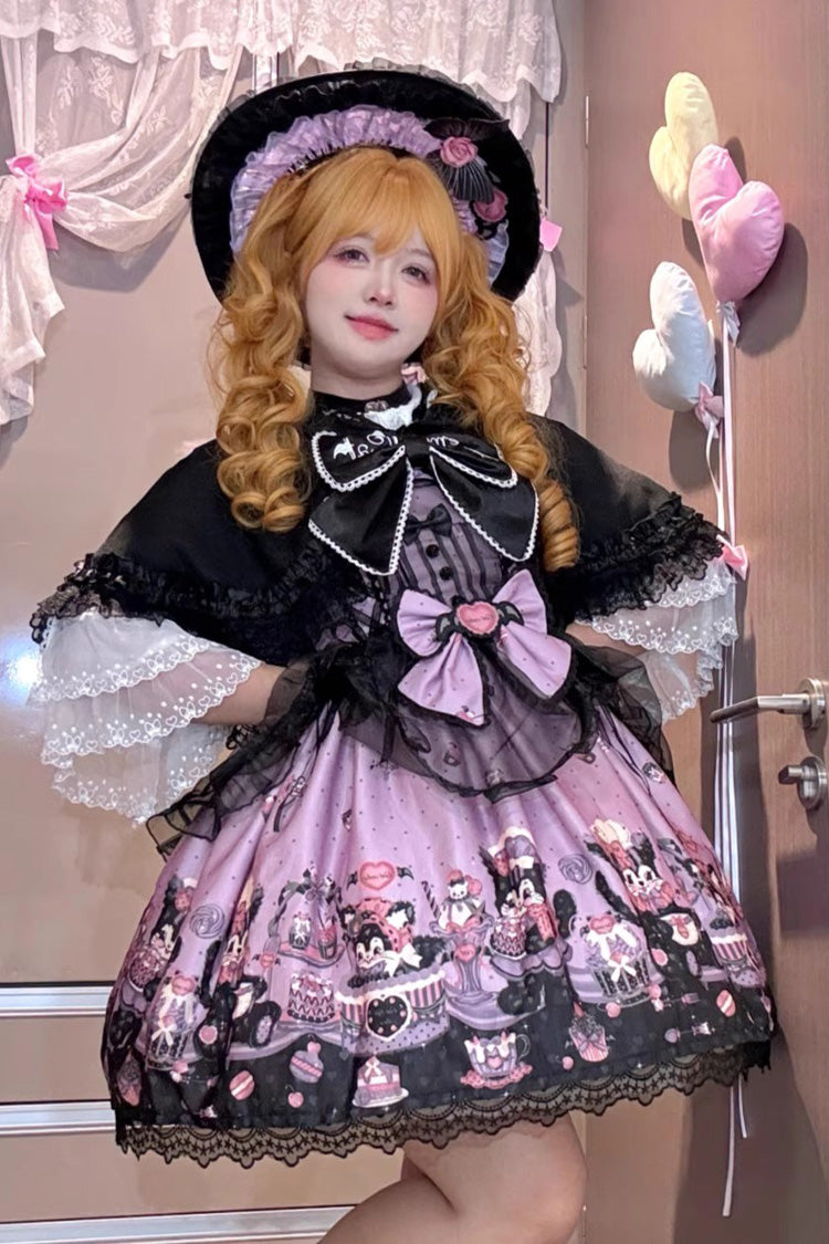 Purple [Devil Cat] Print Ruffle Bowknot Lace Gothic Lolita Jsk Dress (Plus Size Support) - Purple - 1