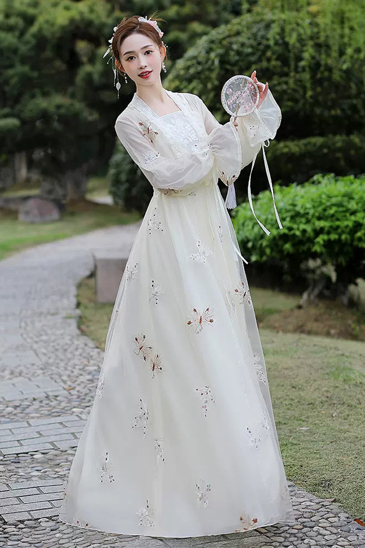 White Long Sleeves Butterfly Embroidery Women's Gorgeous Hanfu Dress - Product - 3