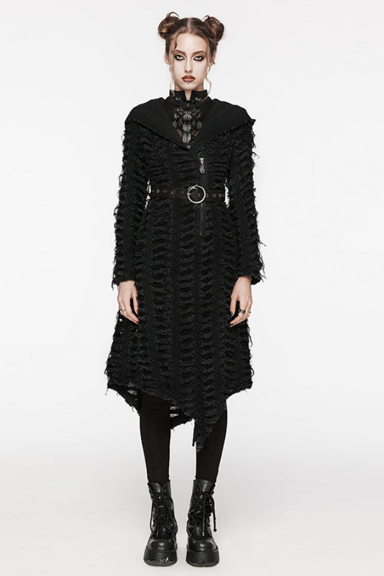 Black Irregular Hooded Women's Punk Long Coat - Black - 1